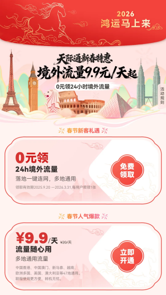 2026鸿运马上来!华为手机出境游新春特惠境外流量9.9元/天起